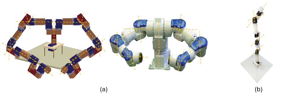 a) The Yaskawa SDA20D architecture mimicked using the same components. b) A 6-axis spherical arm built from the second iteration.